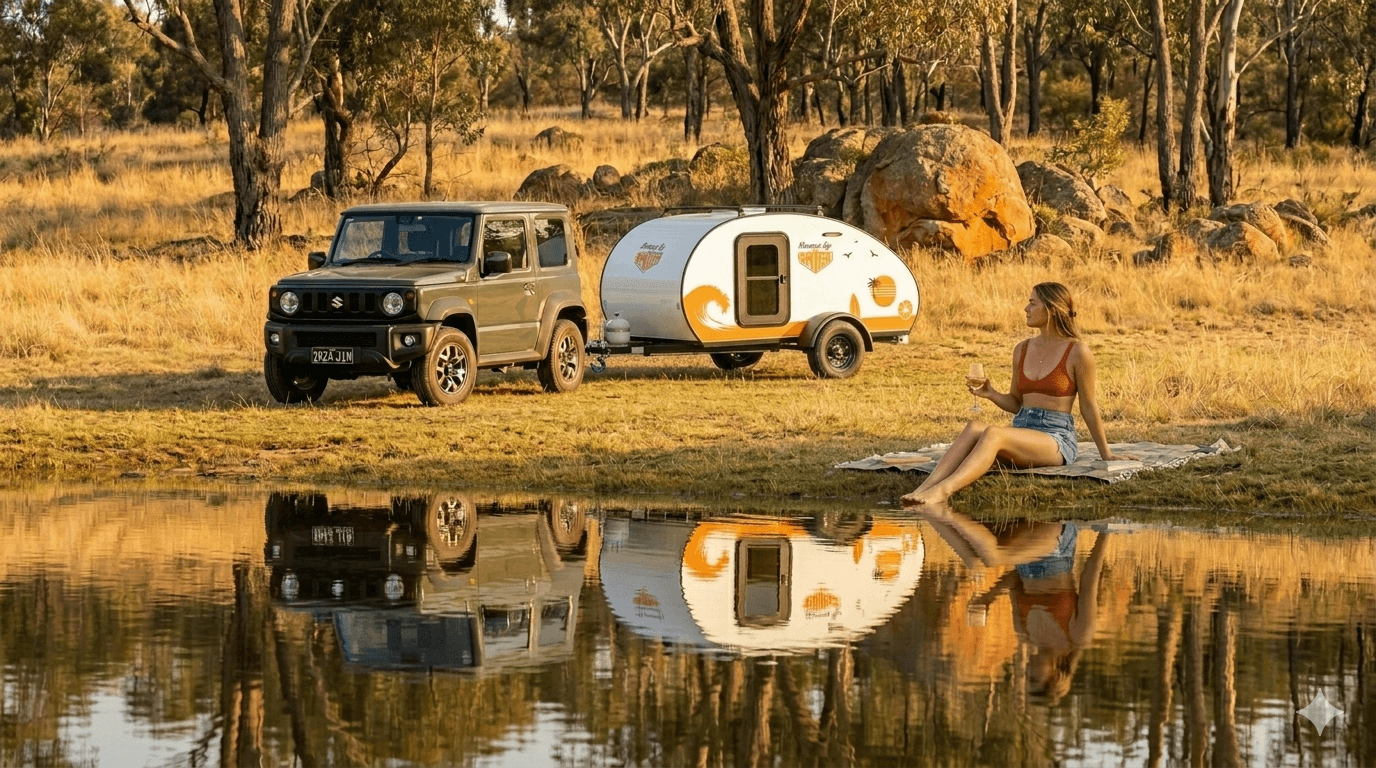 Breeze by Smidge teardrop camper trailer at inland lake campsite with Suzuki Jimny — solo female traveller NSW