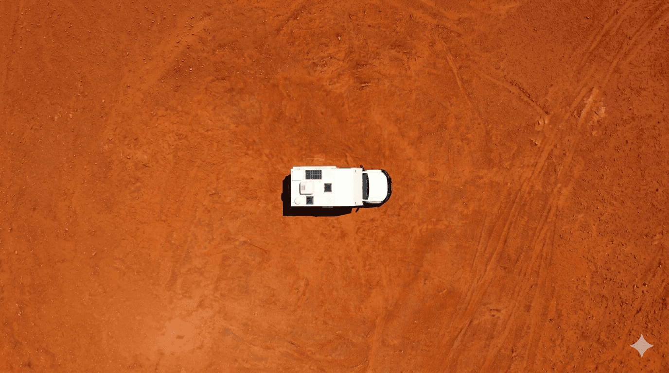 Long Weekend by Smidge compact 4x4 motorhome — aerial drone shot over red Australian outback