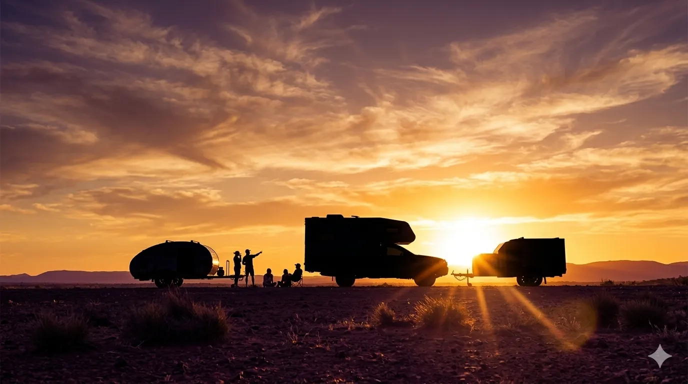 Made by Smidge full range silhouette at sunset — Long Weekend motorhome, Breeze and Anvil camper trailers