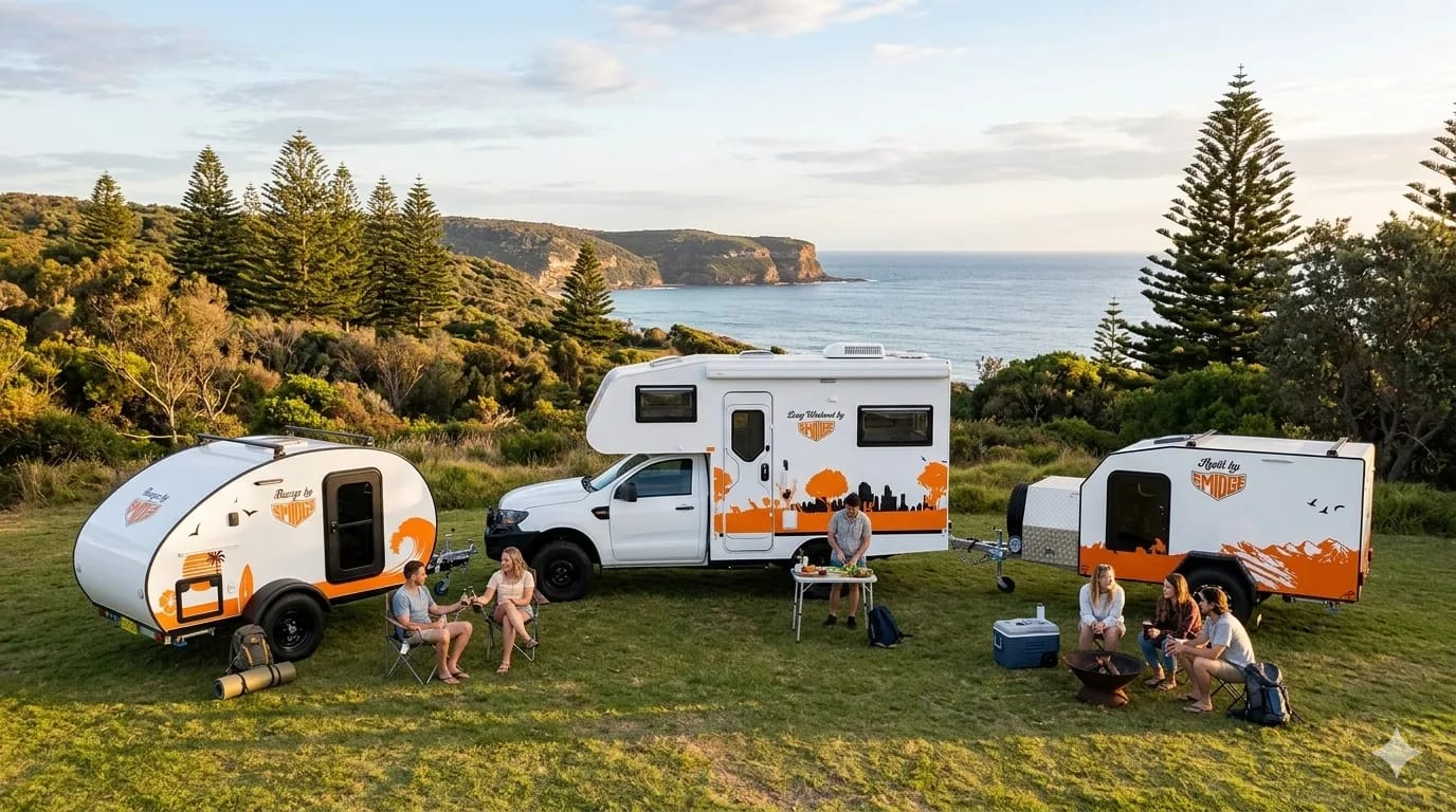 Made by Smidge full range — Long Weekend motorhome, Breeze teardrop and Anvil squaredrop camper trailers at Australian outback campsite
