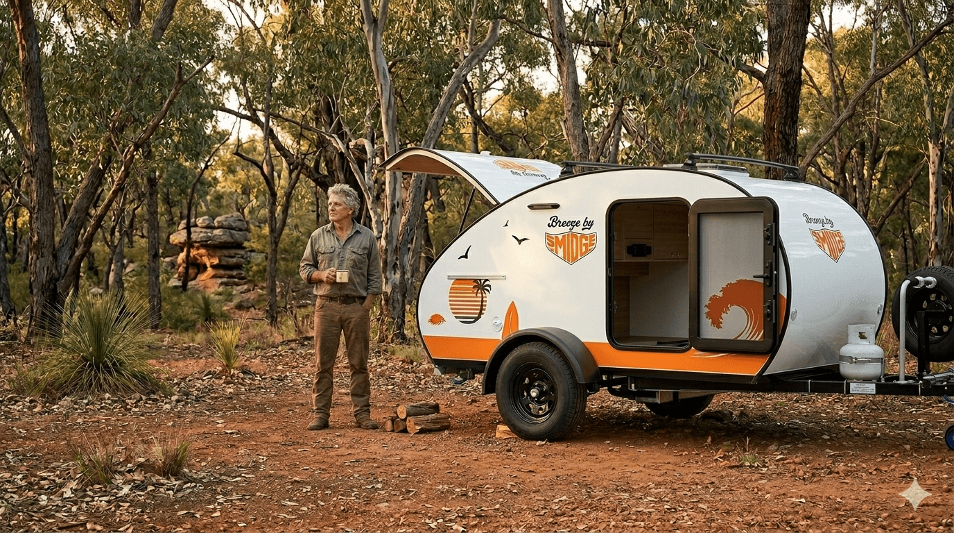 A man standing beside a Smidge Breeze teardrop camper in the Australian bush — hand-built in Australia for over 45 years