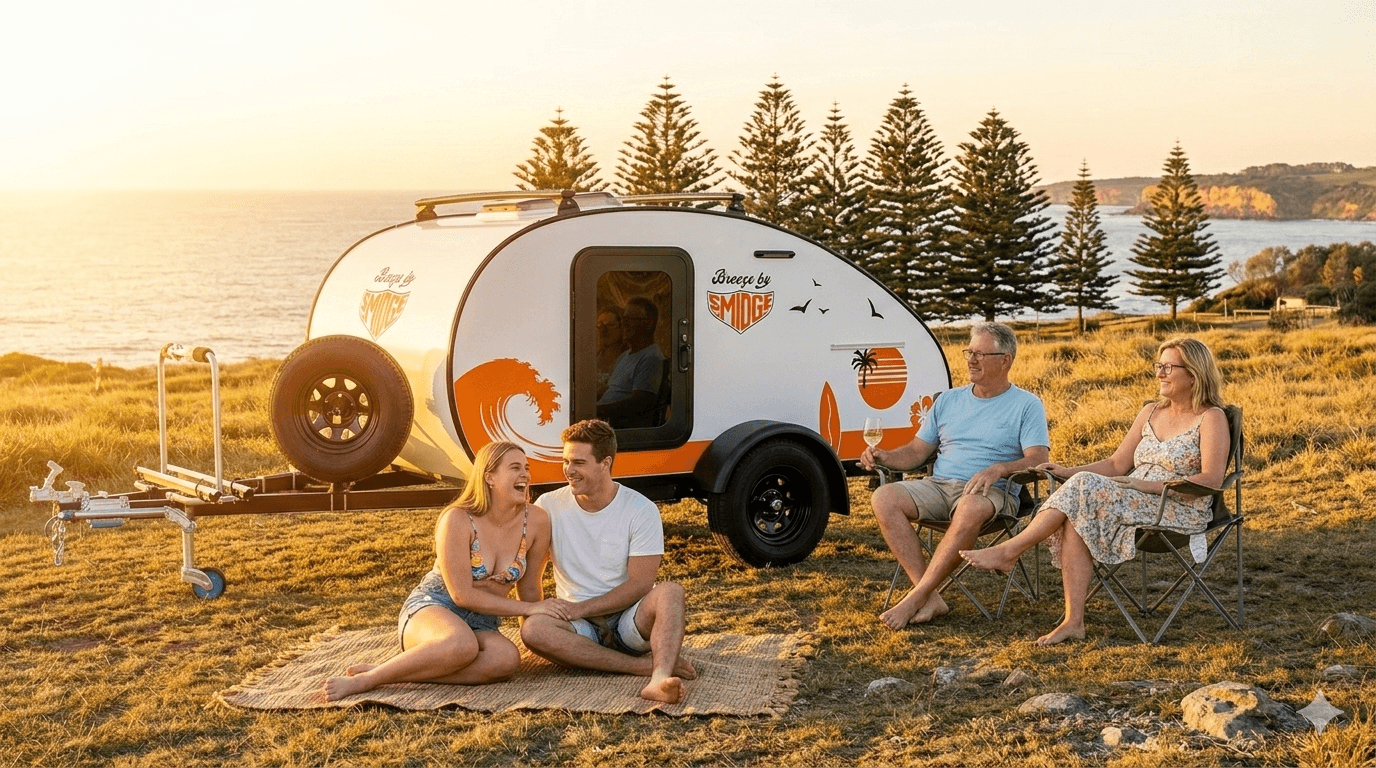 Smidge camper trailer lifestyle — two generations at Australian coastal campsite