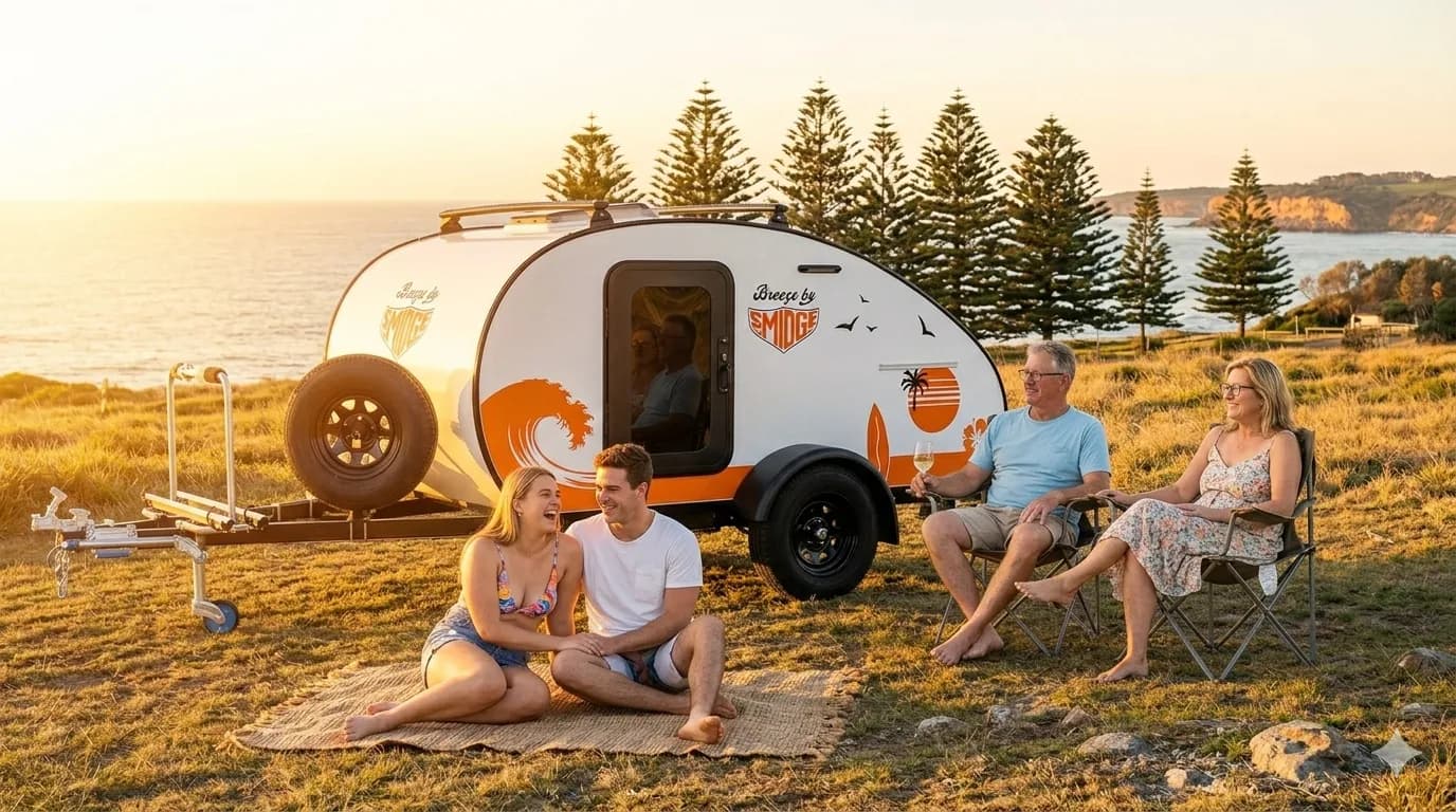 Smidge camper trailer lifestyle — two generations at Australian coastal campsite