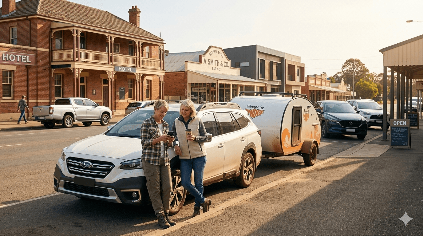 Breeze by Smidge teardrop camper trailer — couple on road trip through NSW country town