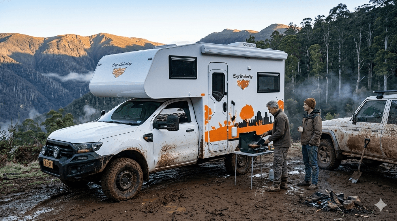 Long Weekend by Smidge compact 4x4 motorhome — father and son camping in Victorian High Country