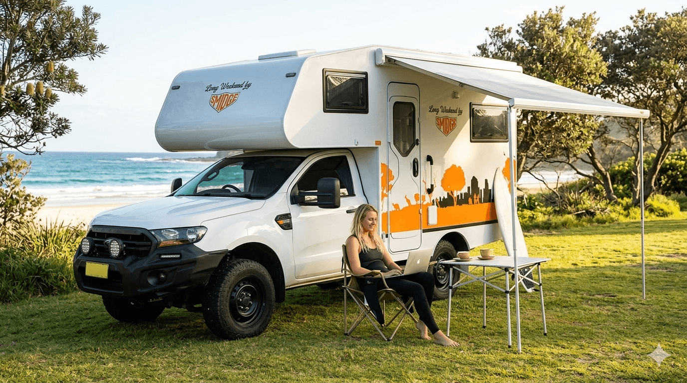 Breeze by Smidge teardrop camper trailer at Mid North Coast beach — solo female traveller working remotely under awning