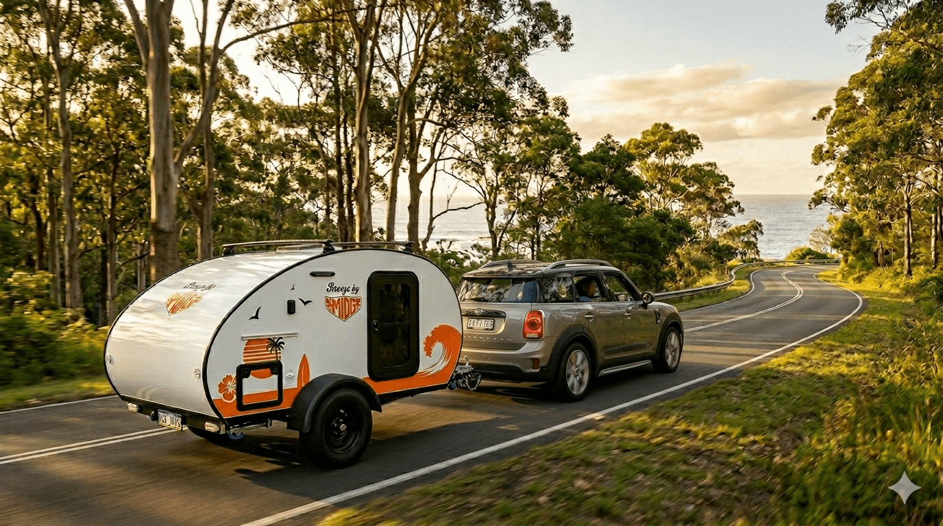 Smidge Breeze teardrop camper being towed by a Mini Cooper on a winding Australian coastal road — 590 kg tare weight