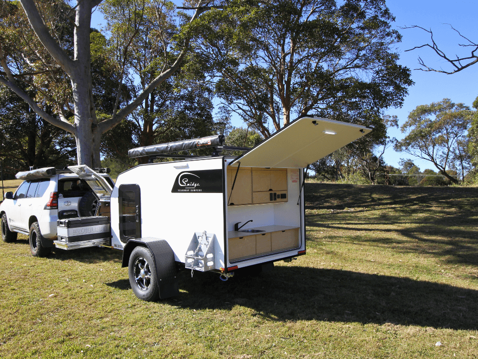 Anvil by Smidge squaredrop off-road camper trailer — rear hatch open at campsite after tackling Moon Rock Lithgow