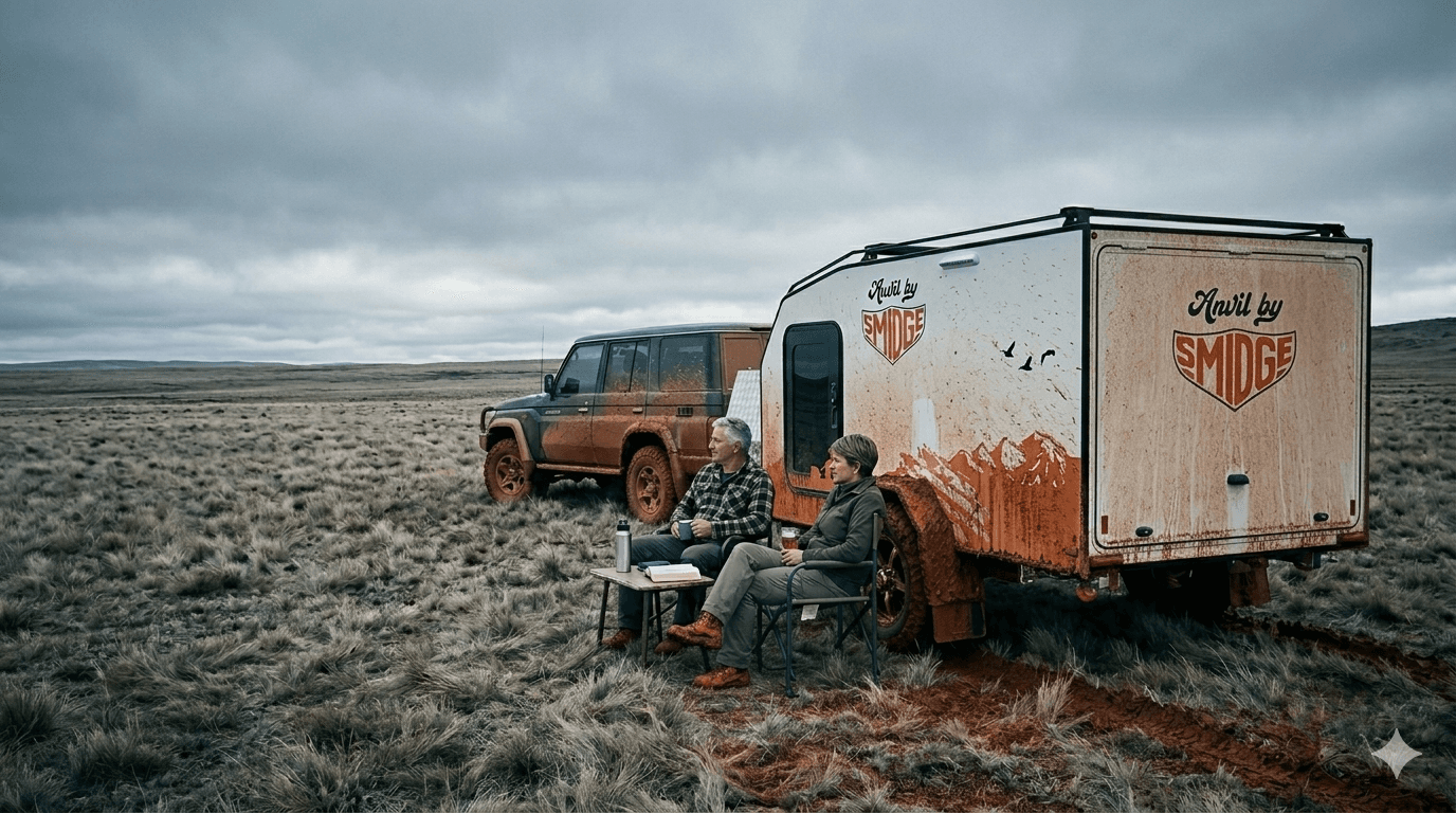Anvil by Smidge squaredrop off-road camper trailer — lifestyle hero shot Victorian High Country
