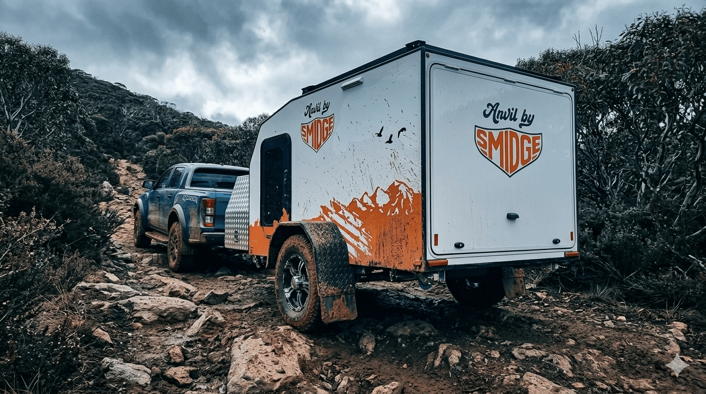 Anvil by Smidge squaredrop off-road camper trailer — couple on remote Australian plains
