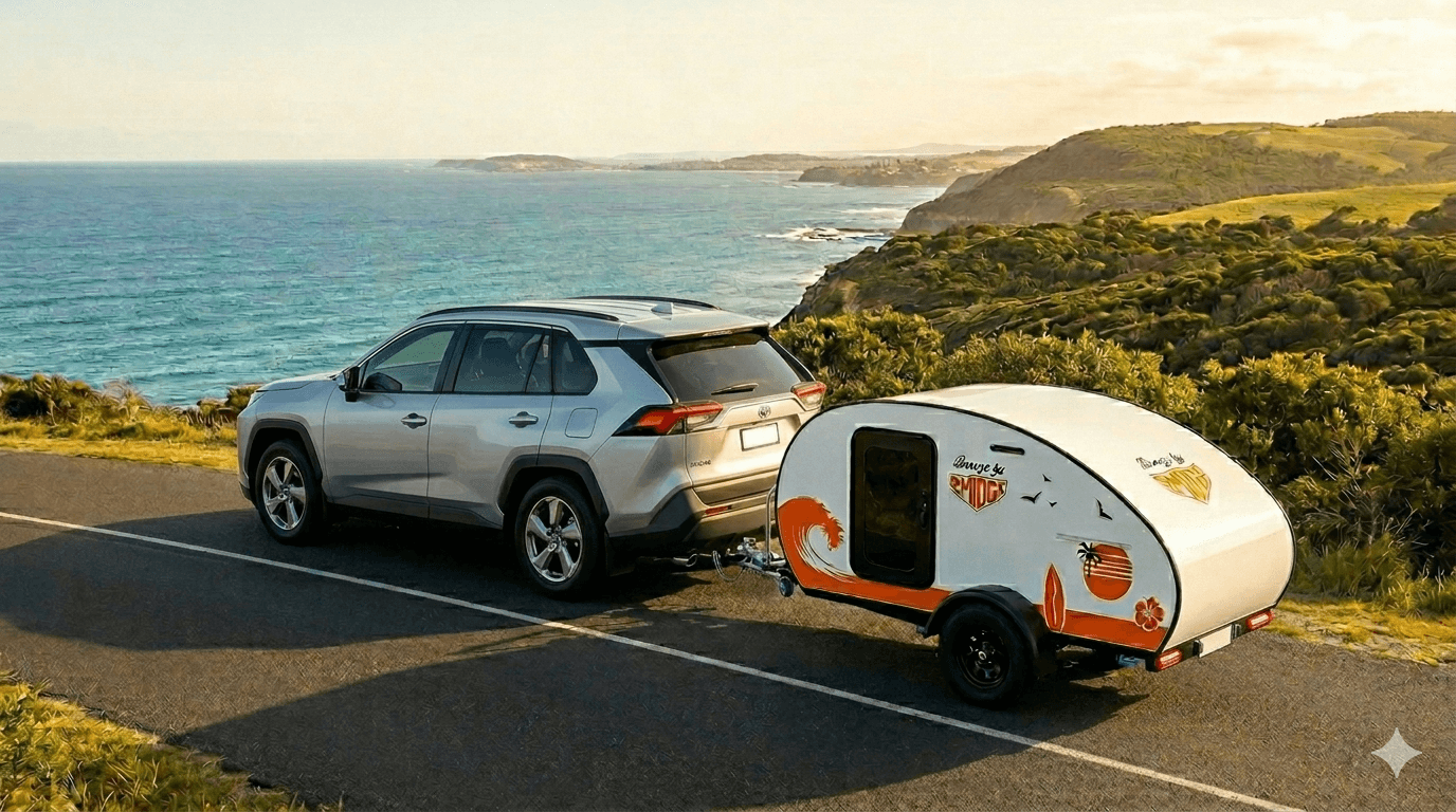 Breeze by Smidge teardrop camper trailer towed by Toyota RAV4 on coastal road