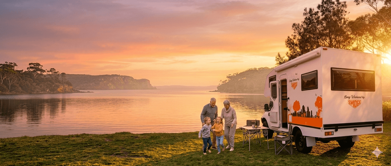 Long Weekend by Smidge compact 4x4 motorhome — grandparents with grandchildren at waterway sunset campsite