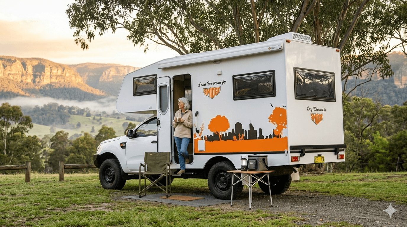 Long Weekend by Smidge compact 4x4 motorhome — solo female traveller at Blue Mountains campsite morning coffee
